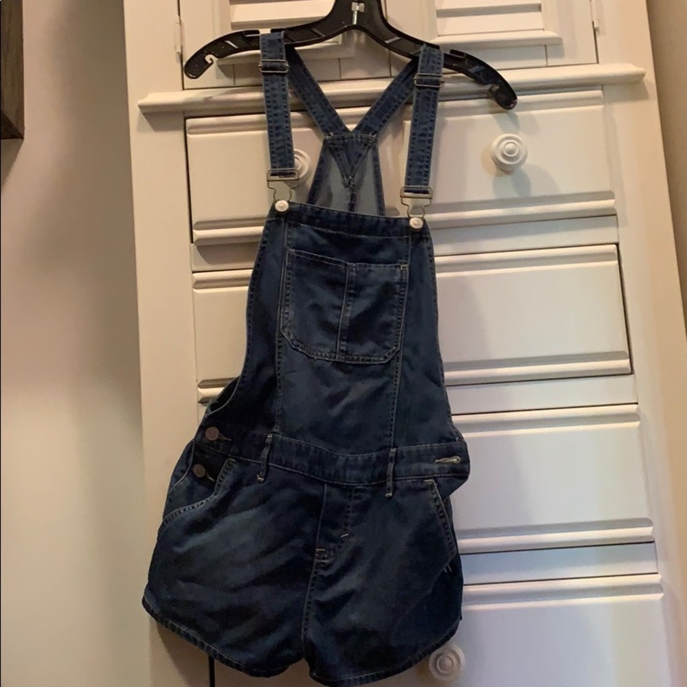 Dark denim short overalls